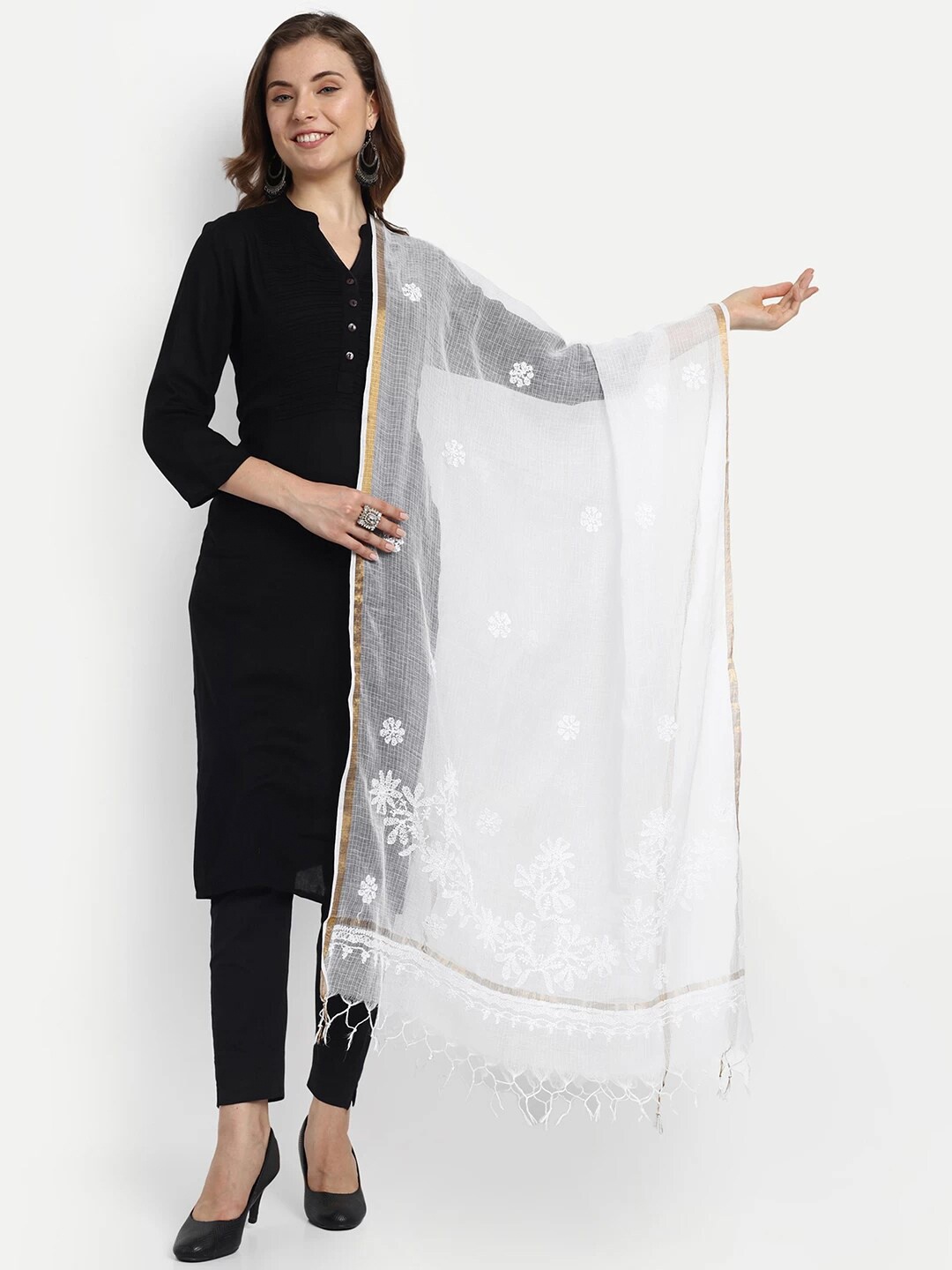 

ADA Ethnic Motifs Embroidered Chikankari Cotton Dupatta, White