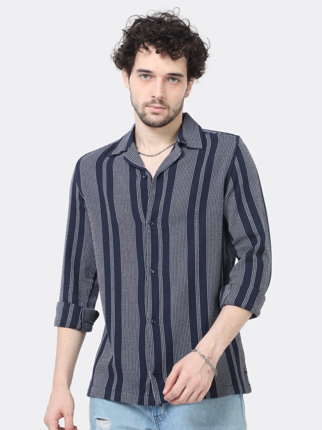 

BADMAASH Striped Slim Fit Classic Cotton Casual Shirt, Navy blue