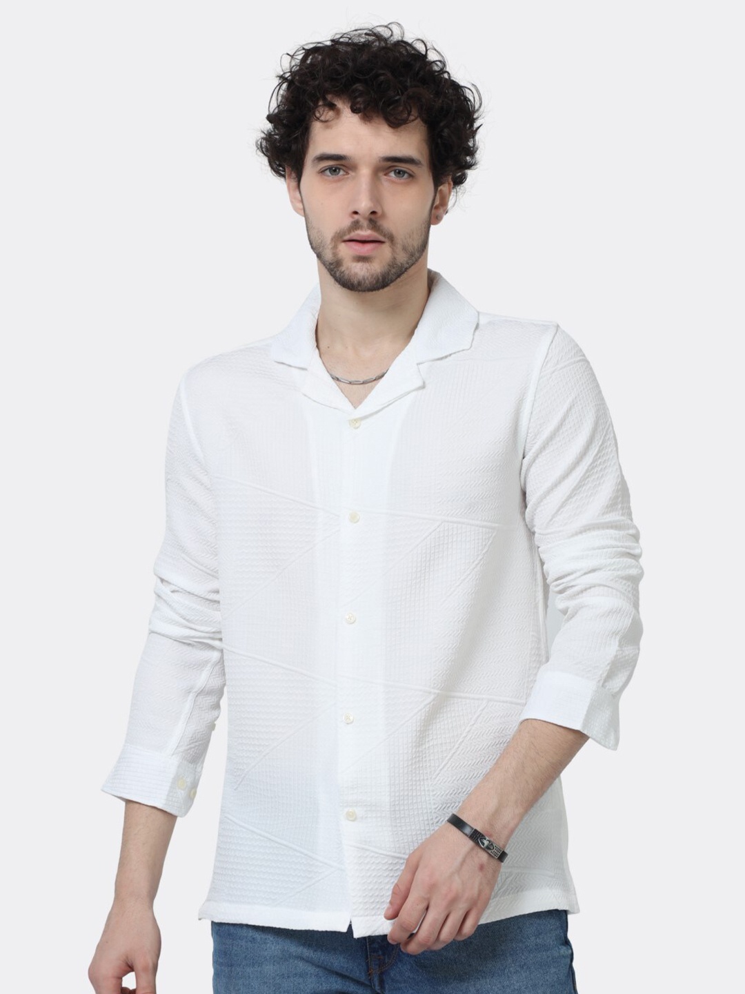 

BADMAASH Slim Fit Textured Stretchable Jacquard Cuban Collar Casual Shirt, White