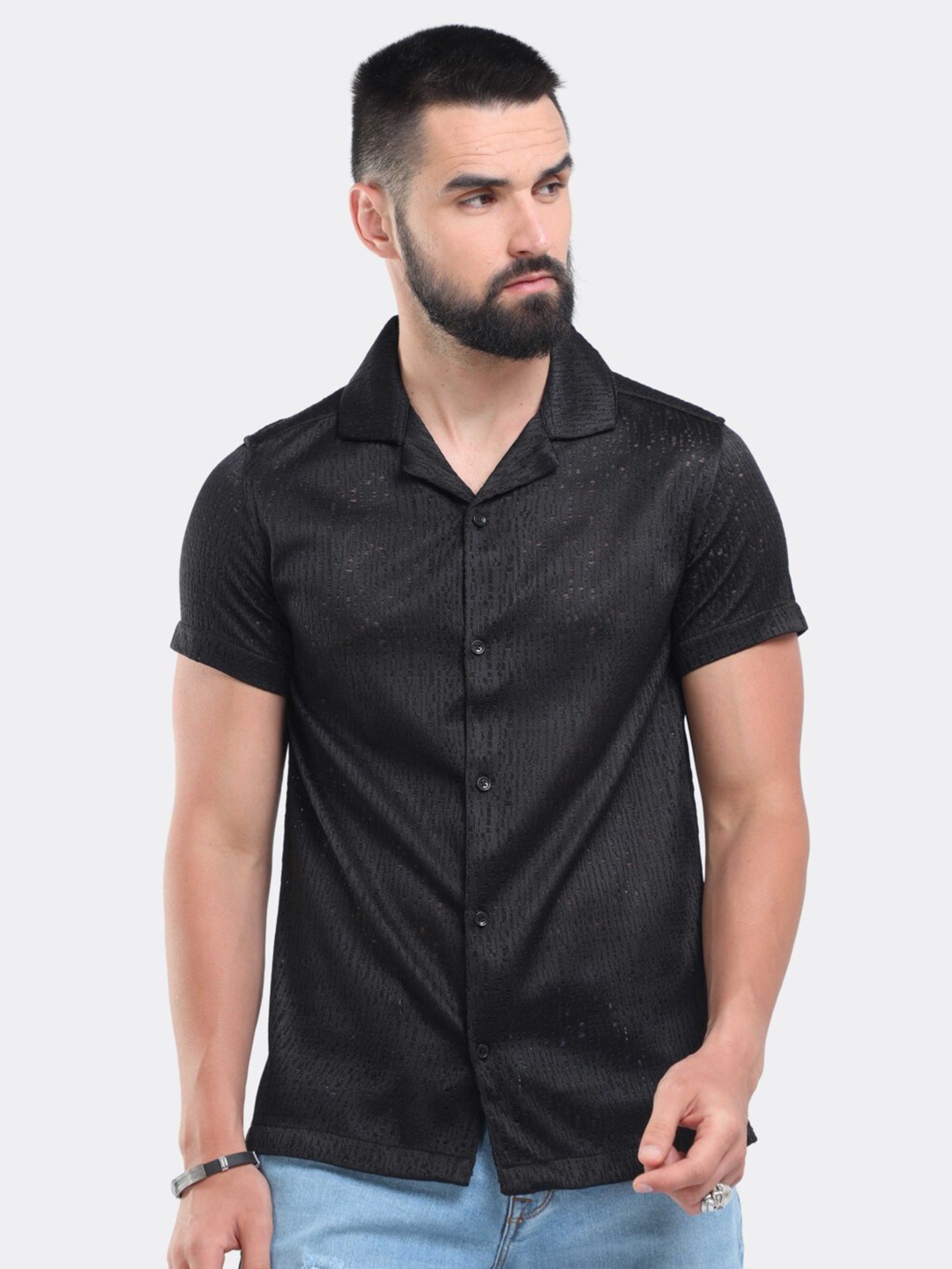 

BADMAASH Slim Fit Self Design Cuban Collar Pure Cotton Casual Shirt, Black