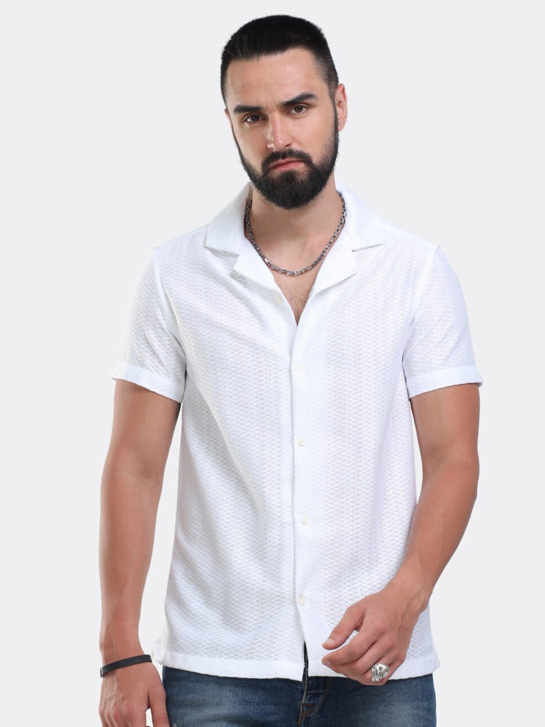 

BADMAASH Slim Fit Self Design Cuban Collar Pure Cotton Casual Shirt, White