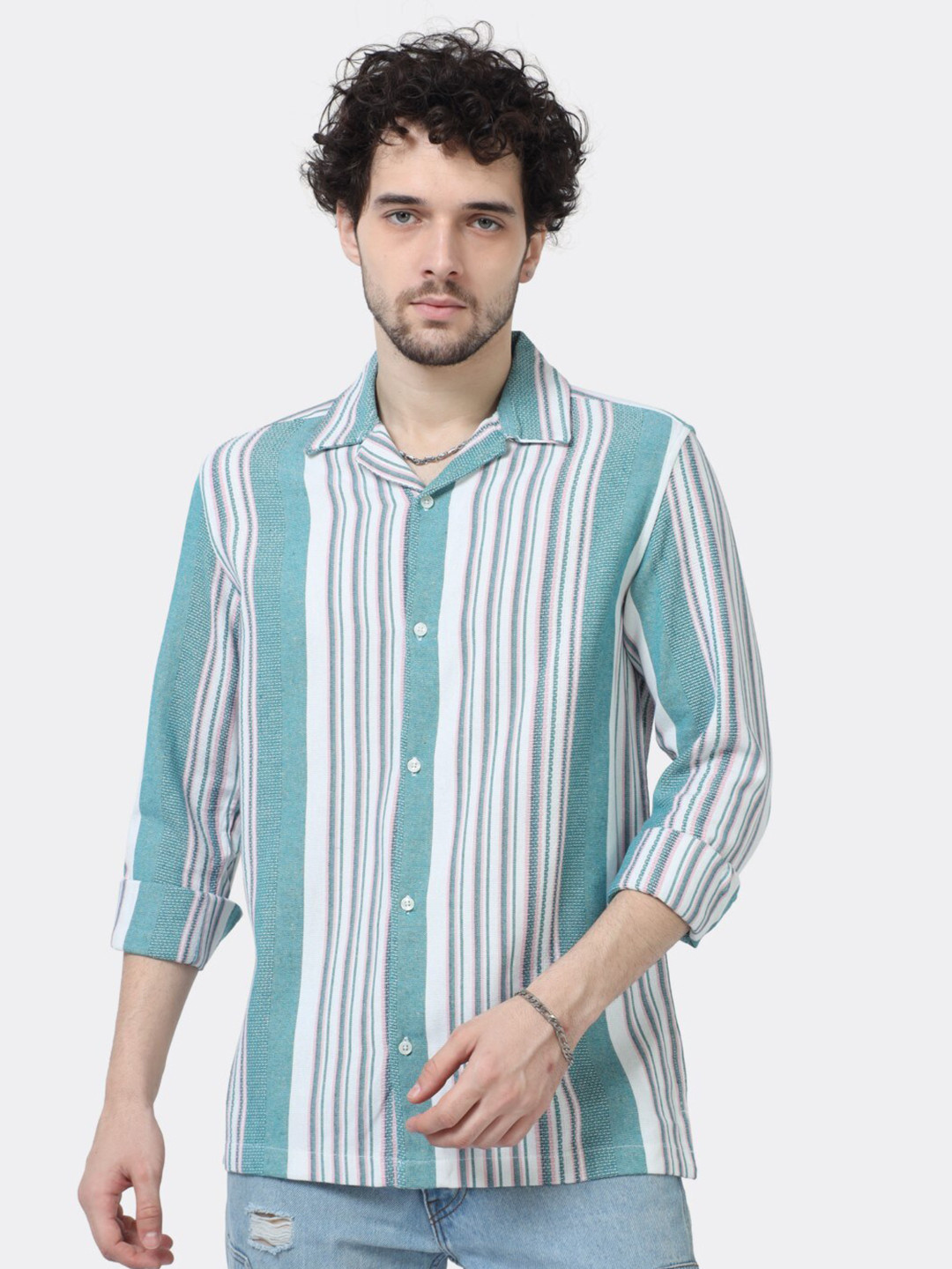 

BADMAASH Slim Fit Vertical Striped Casual Pure Cotton Shirt, Sea green