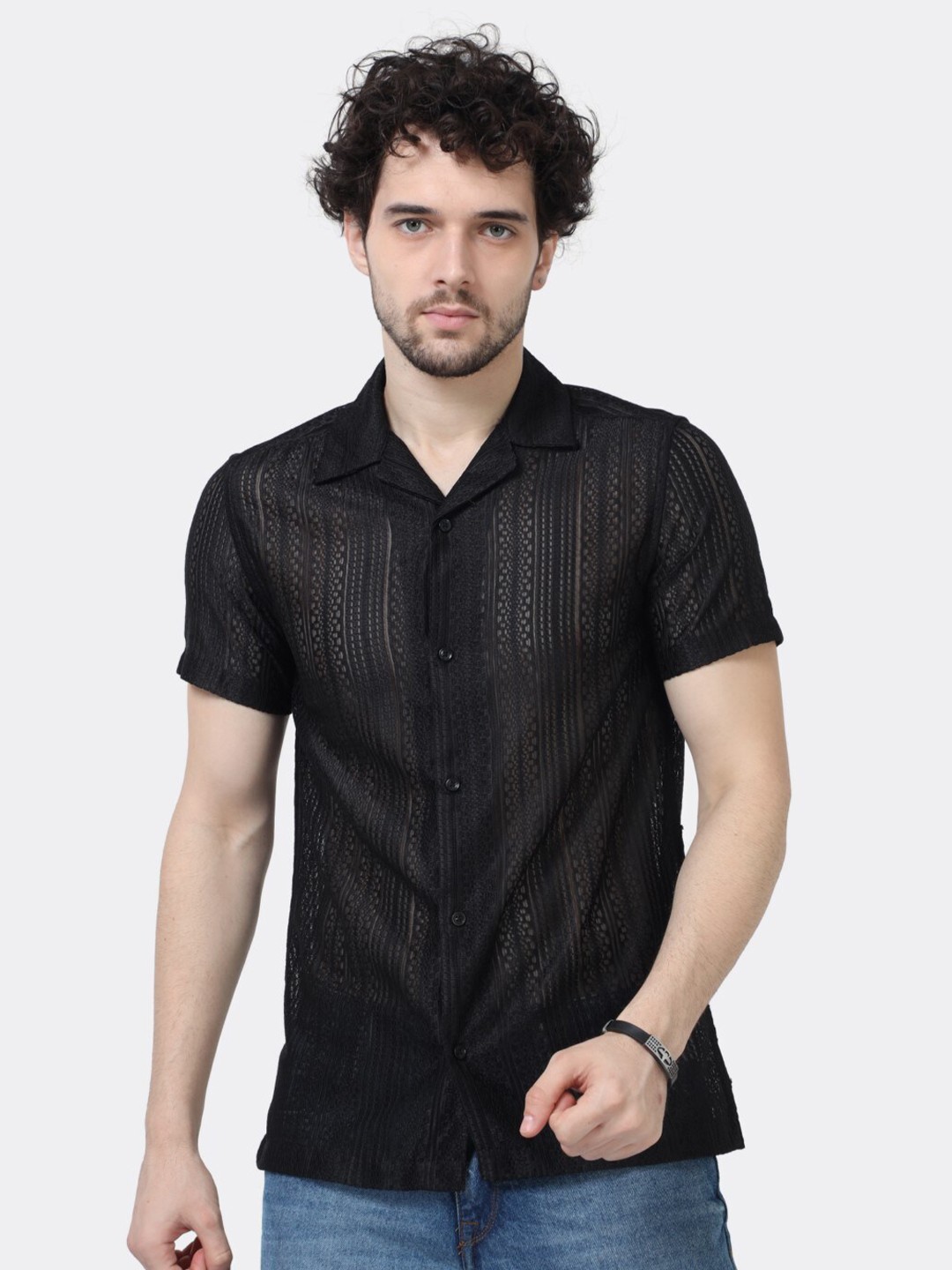 

BADMAASH Slim Fit Self Design Short Sleeves Semi Sheer Casual Pure Cotton Shirt, Black