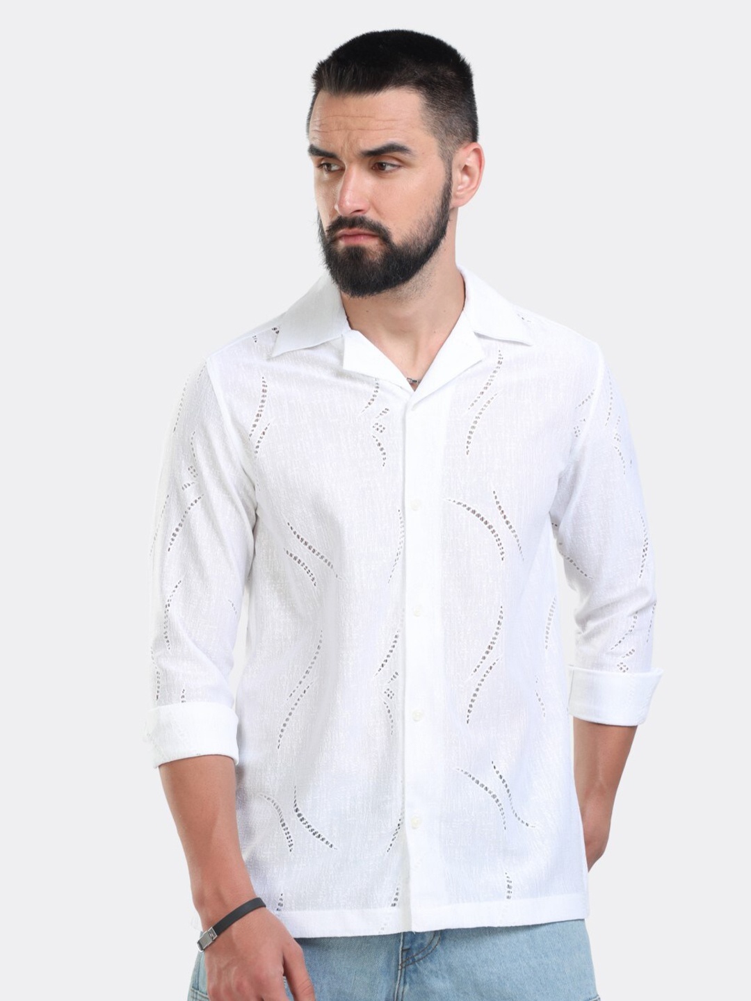 

BADMAASH Slim Fit Geometric Self Design Cuban Collar Casual Shirt, White