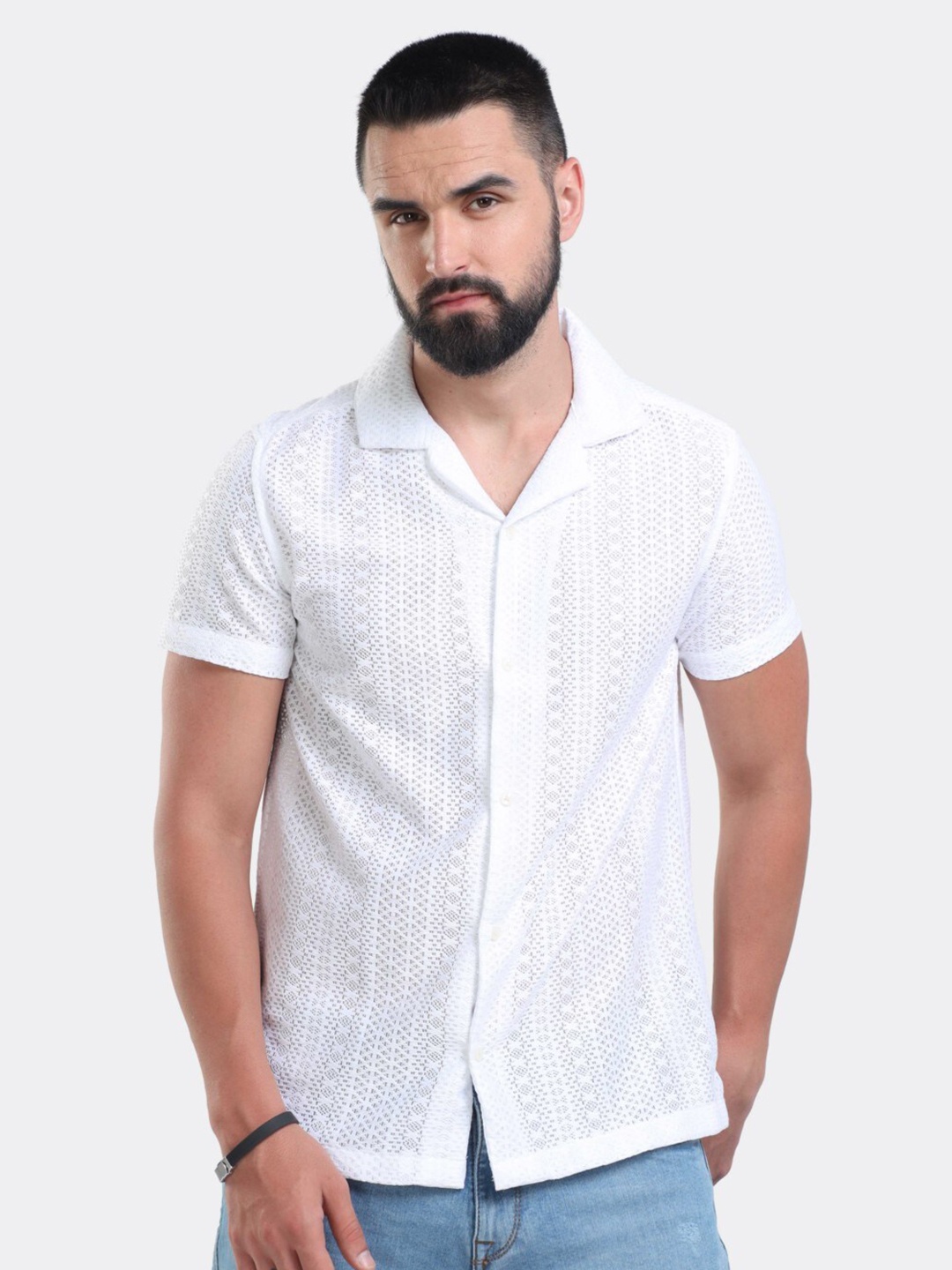 

BADMAASH Slim Fit Self Design Cuban Collar Pure Cotton Casual Shirt, White