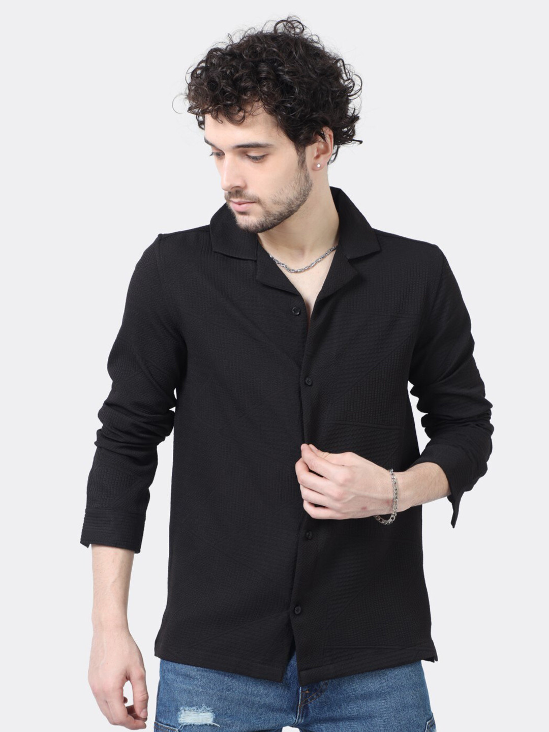 

BADMAASH Slim Fit Textured Stretchable Jacquard Casual Shirt, Black