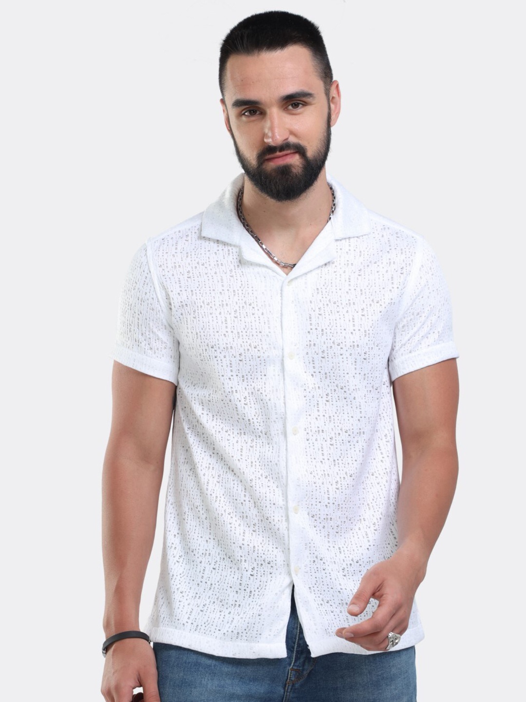 

BADMAASH Slim Fit Self Design Cuban Collar Pure Cotton Casual Shirt, White