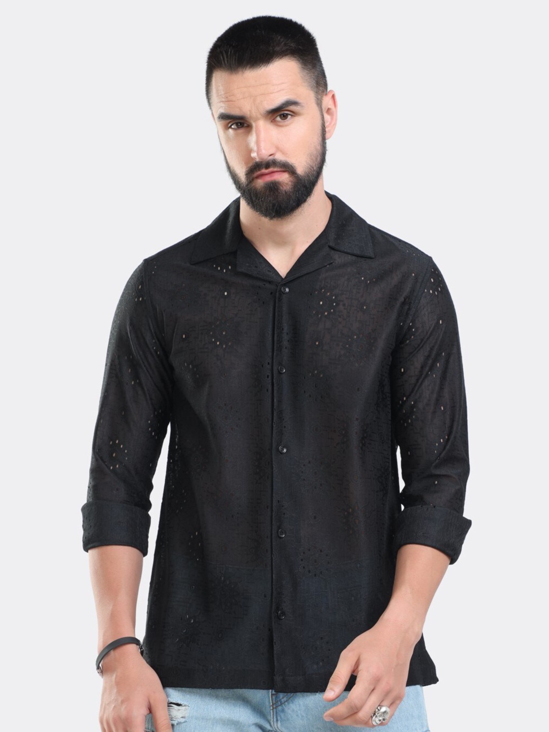 

BADMAASH Slim Fit Self Design Cuban Collar Long Sleeves Casual Shirt, Black