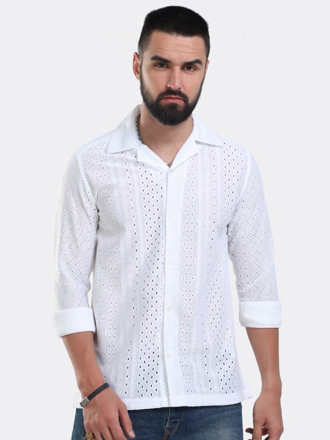 

BADMAASH Slim Fit Geometric Self Design Cuban Collar Casual Shirt, White