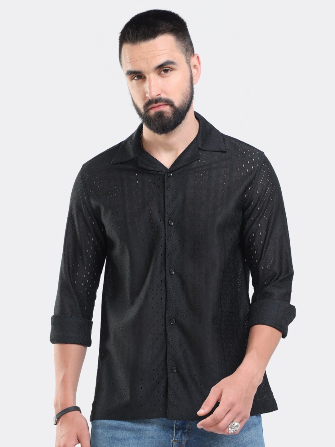 

BADMAASH Slim Fit Classic Schiffli Cuban Collar Casual Shirt, Black