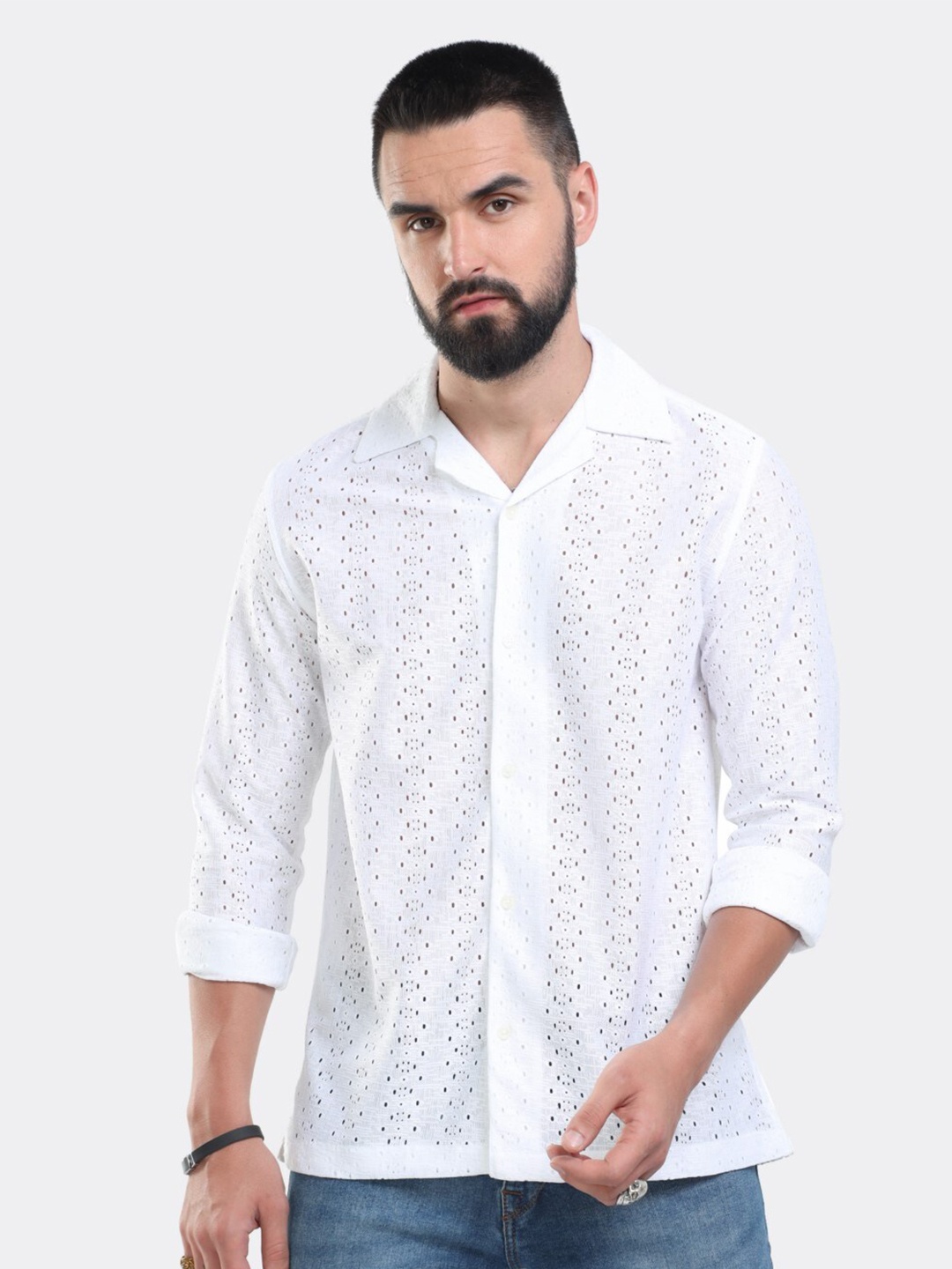 

BADMAASH Slim Fit Geometric Self Design Cuban Collar Casual Shirt, White