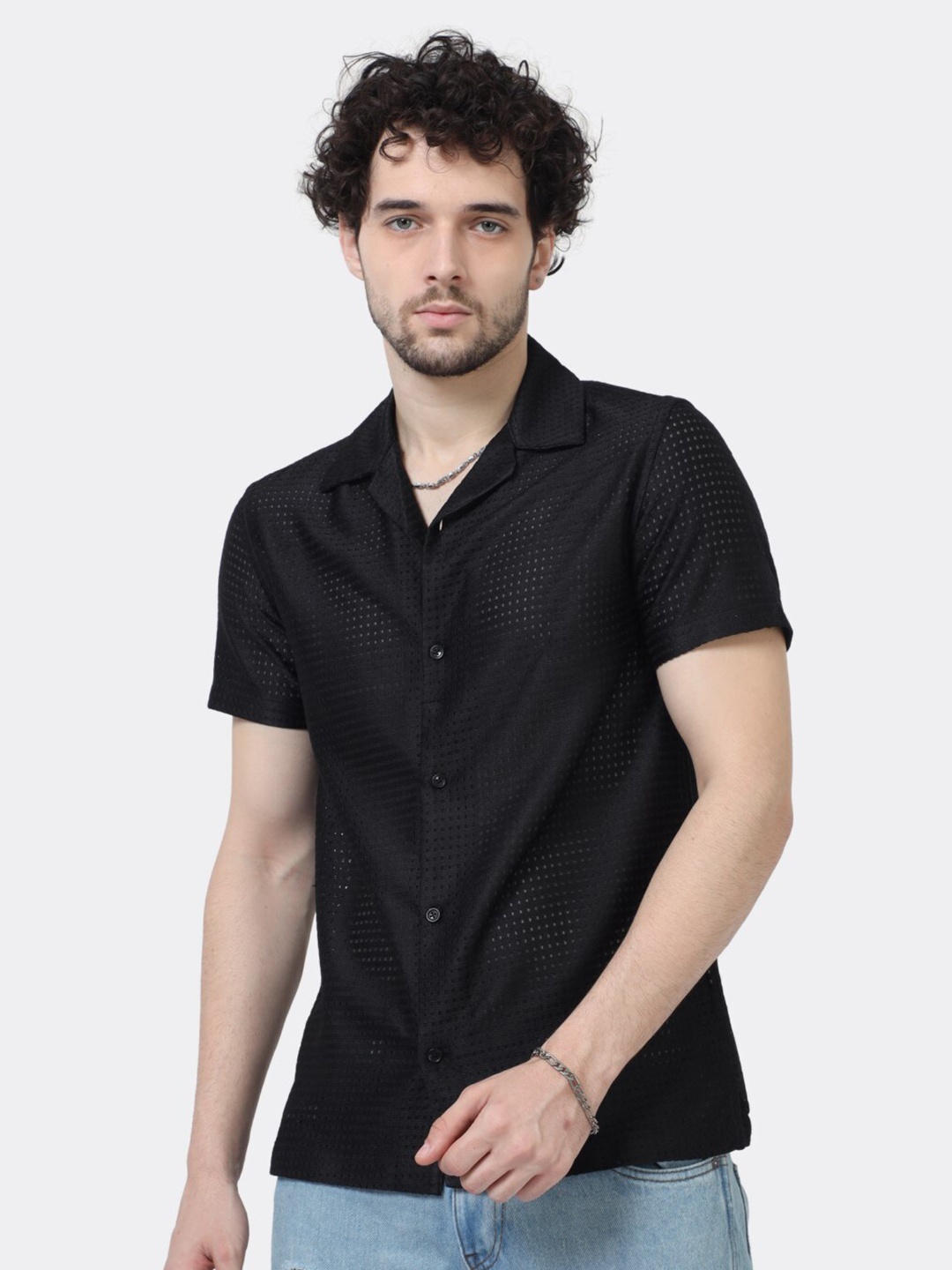 

BADMAASH Mesh Crochet Slim Fit Classic Casual Shirt, Black