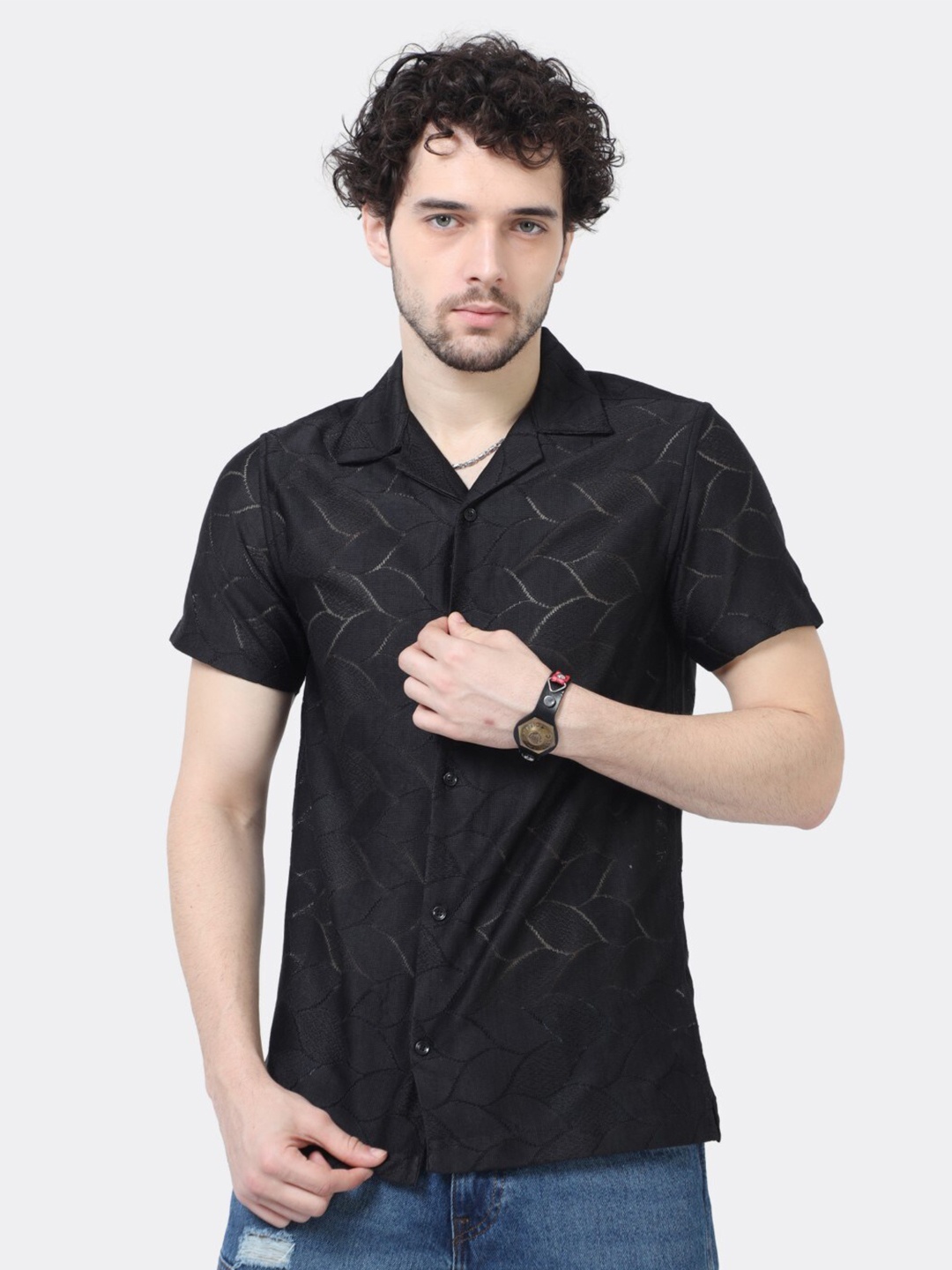 

BADMAASH Leaf Crochet Slim Fit Classic Cotton Casual Shirt, Black