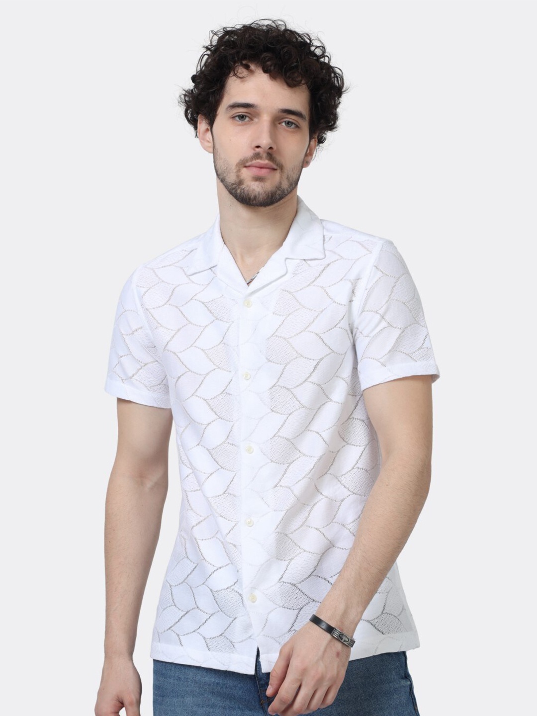 

BADMAASH Slim Fit Cuban Collar Short Sleeves Cotton Casual Shirt, White