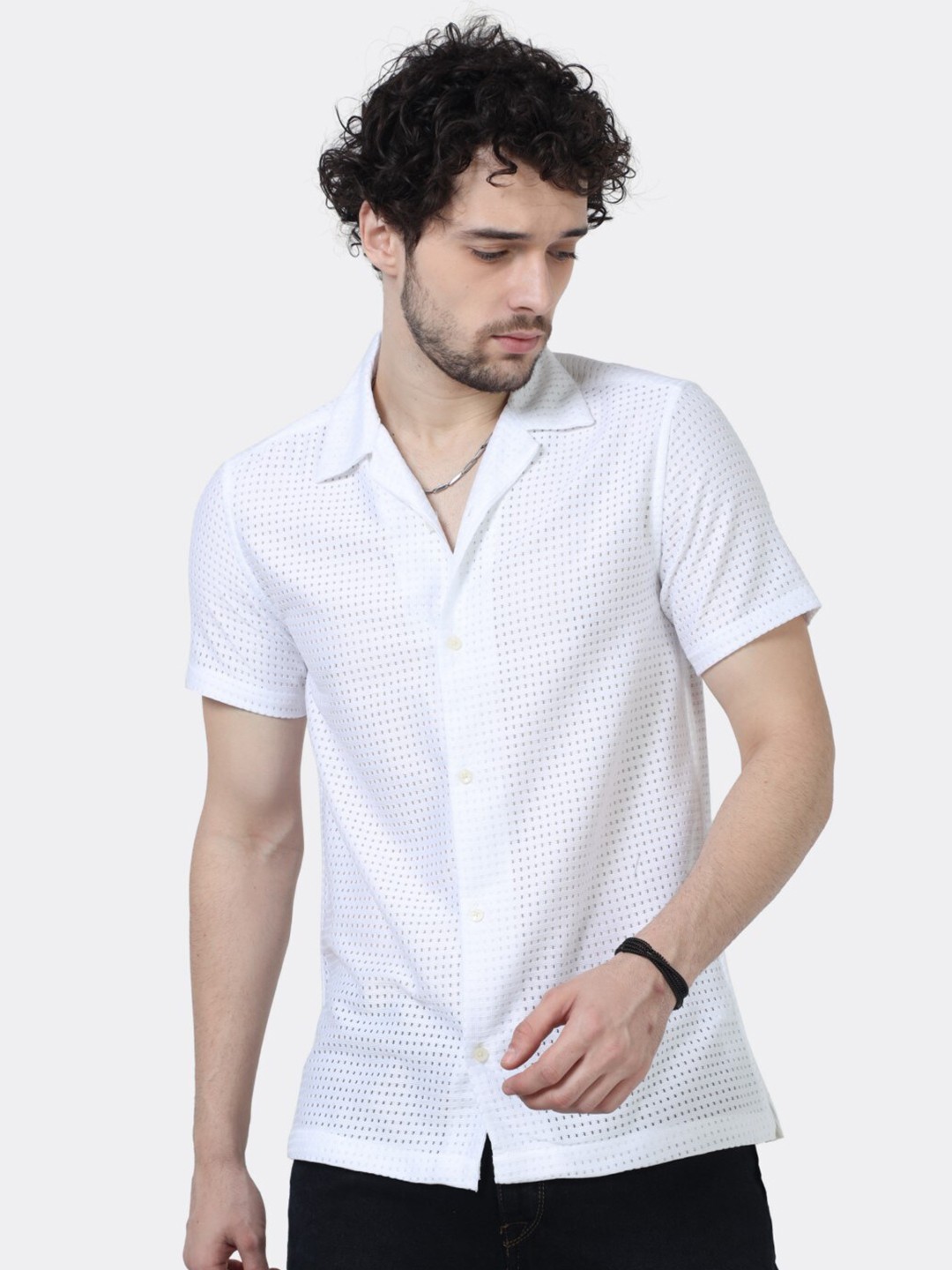

BADMAASH Slim Fit Textured Cuban Collar Short Sleeves Cotton Casual Shirt, White