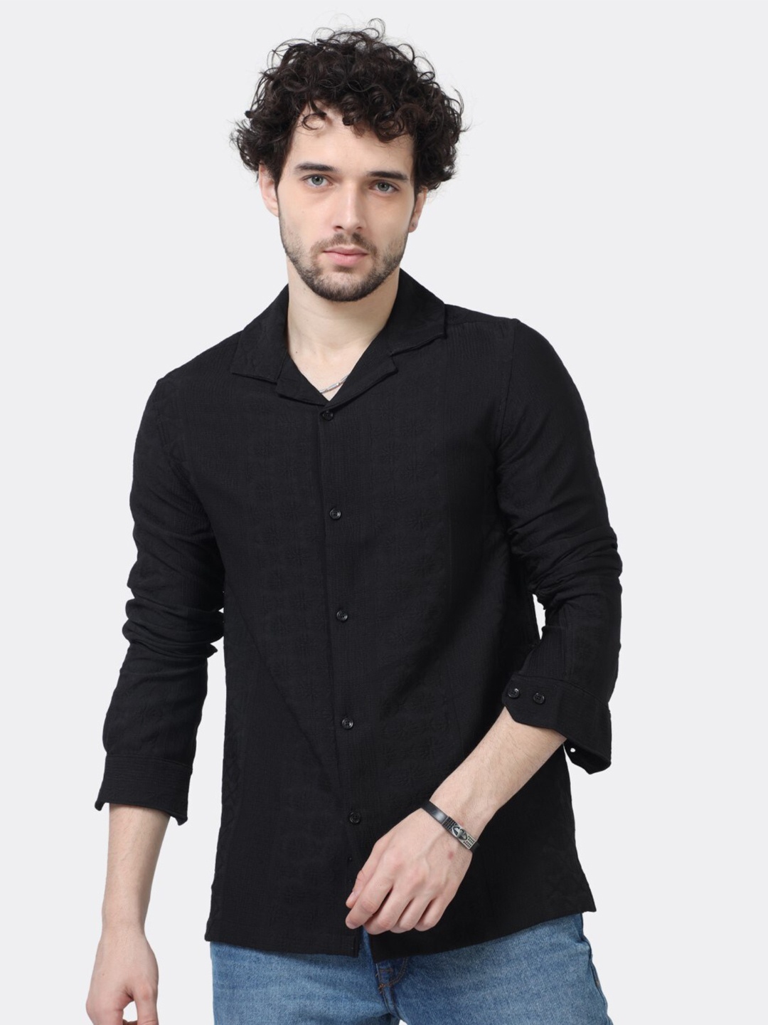 

BADMAASH Slim Fit Self Design Cuban Collar Casual Shirt, Black
