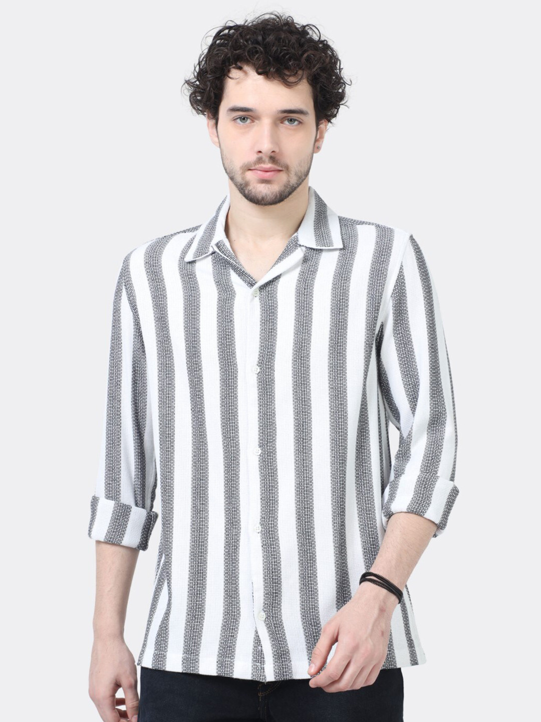 

BADMAASH Slim Fit Vertical Stripes Cuban Collar Long Sleeves Cotton Casual Shirt, White