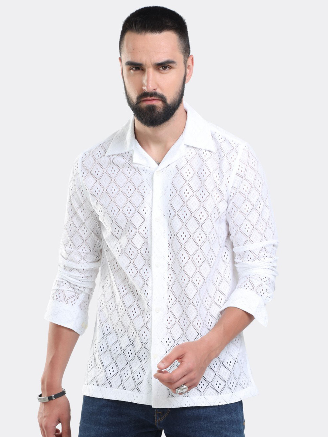 

BADMAASH Slim Fit Textured Self Design Cuban Collar Casual Shirt, White