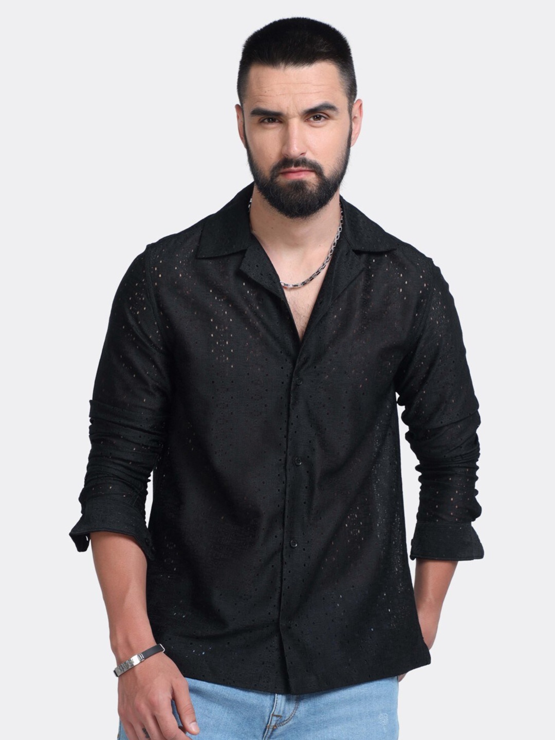 

BADMAASH Slim Fit Geometric Self Design Cuban Collar Casual Shirt, Black