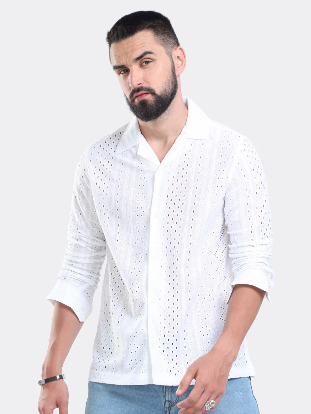 

BADMAASH Slim Fit Self Design Cuban Collar Long Sleeves Casual Shirt, White