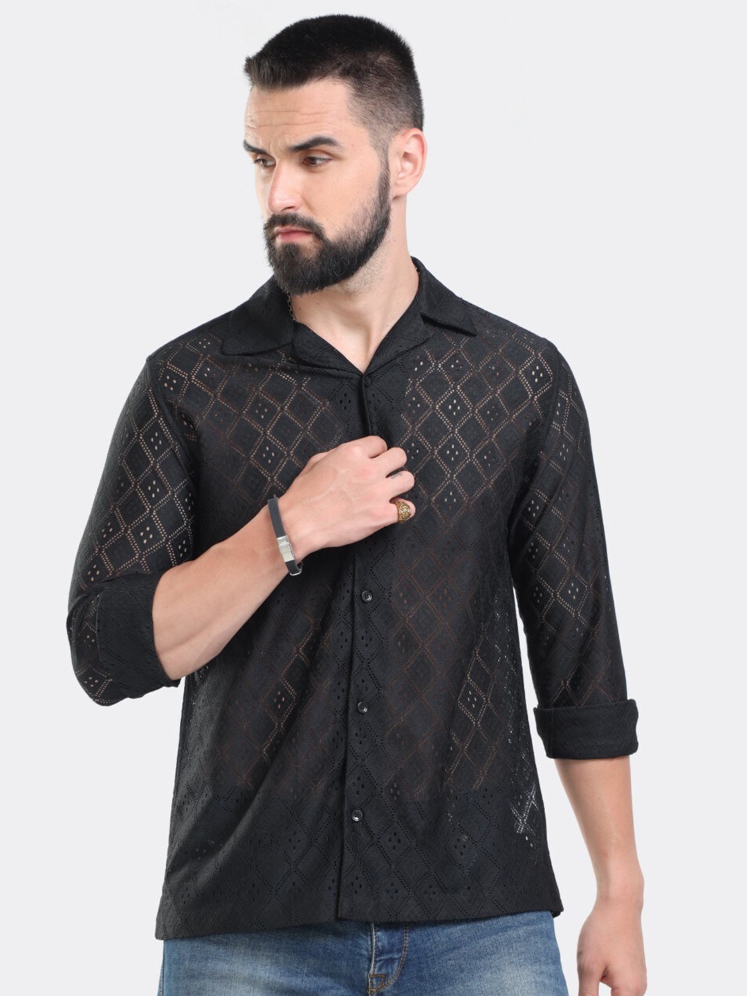 

BADMAASH Slim Fit Crochet Textured Self Design Cuban Collar Casual Shirt, Black