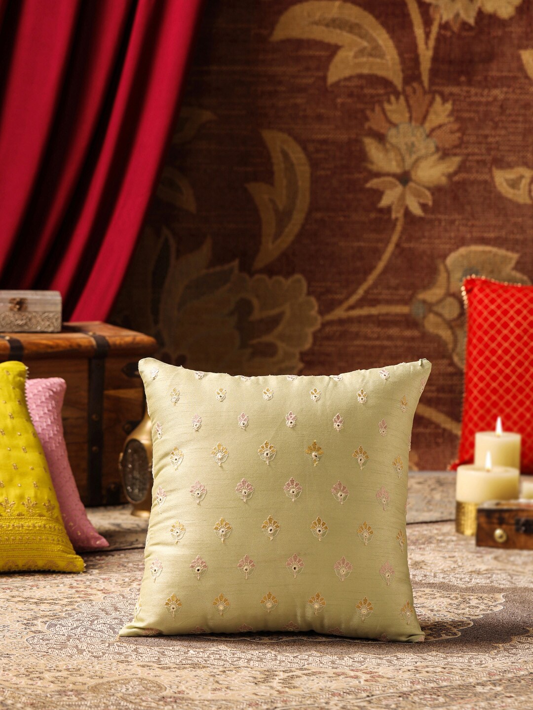 

House of Pataudi Green Embroidered Square Cushion Cover