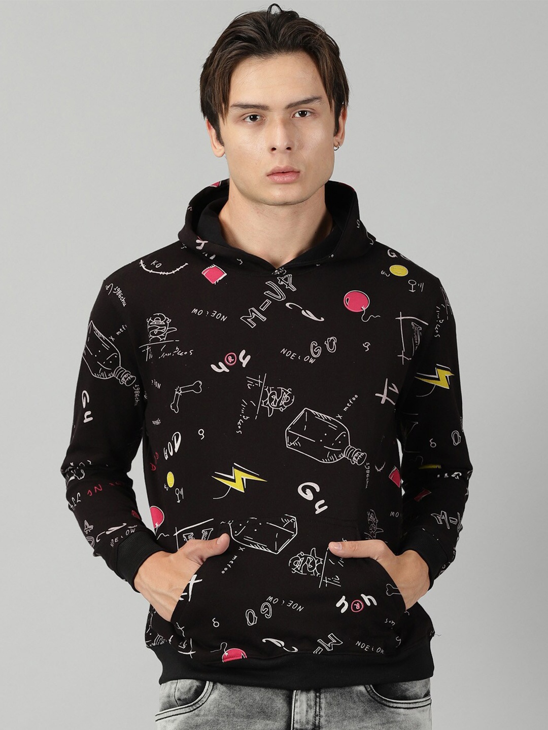 

Rodzen Abstract Printed Hooded Cotton Pullover Sweatshirt, Black
