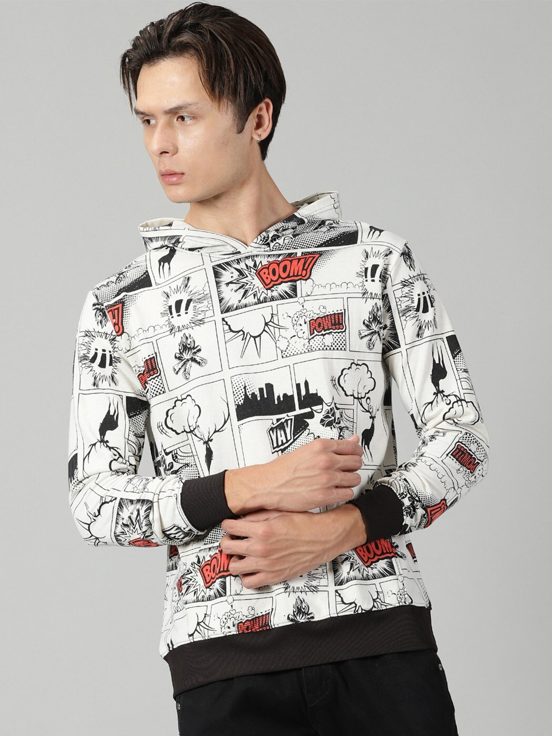 

Rodzen Abstract Printed Hooded Cotton Pullover Sweatshirt, White