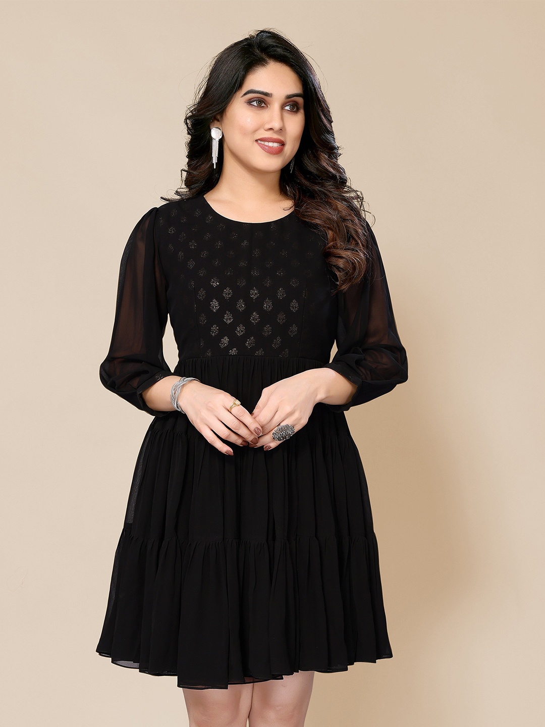 

PYARI - A style for every story Self Design Georgette Tiered Fit & Flare Dress, Black
