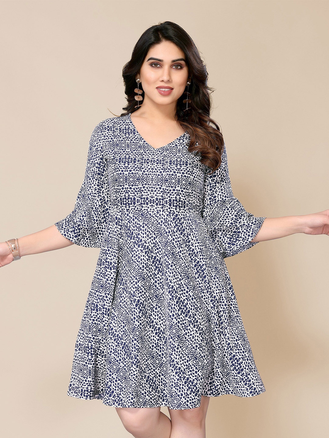

PYARI - A style for every story Abstract Printed Bell Sleeves A-Line Dress, Blue