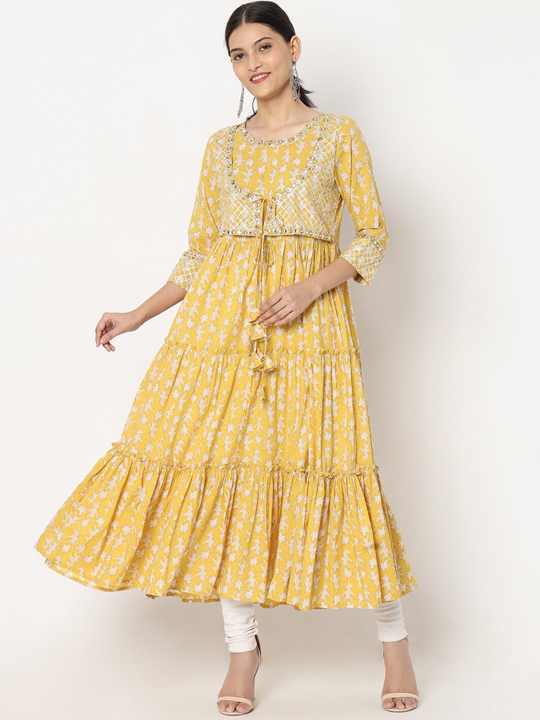 

Ethnicity Floral Printed Mirror Work Tiered Cotton Anarkali Kurta, Yellow