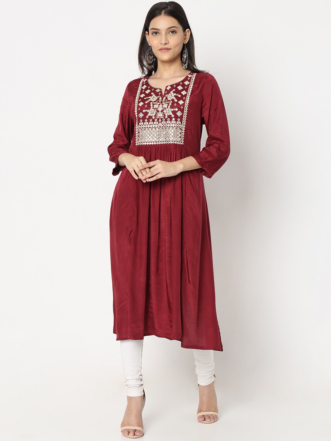 

Ethnicity Ethnic Yoke Design Round Neck Three-Quarter Sleeves Sequinned A-Line Kurta, Red