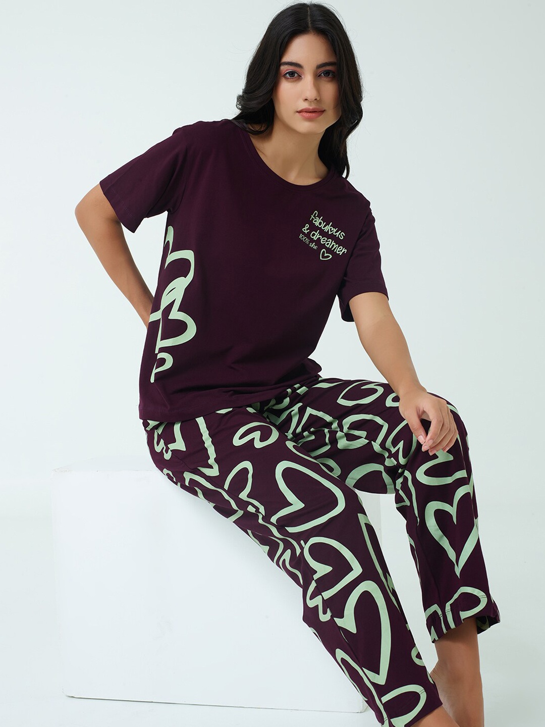 

I like me Green & Brown Heart Printed Pure Cotton Night suit