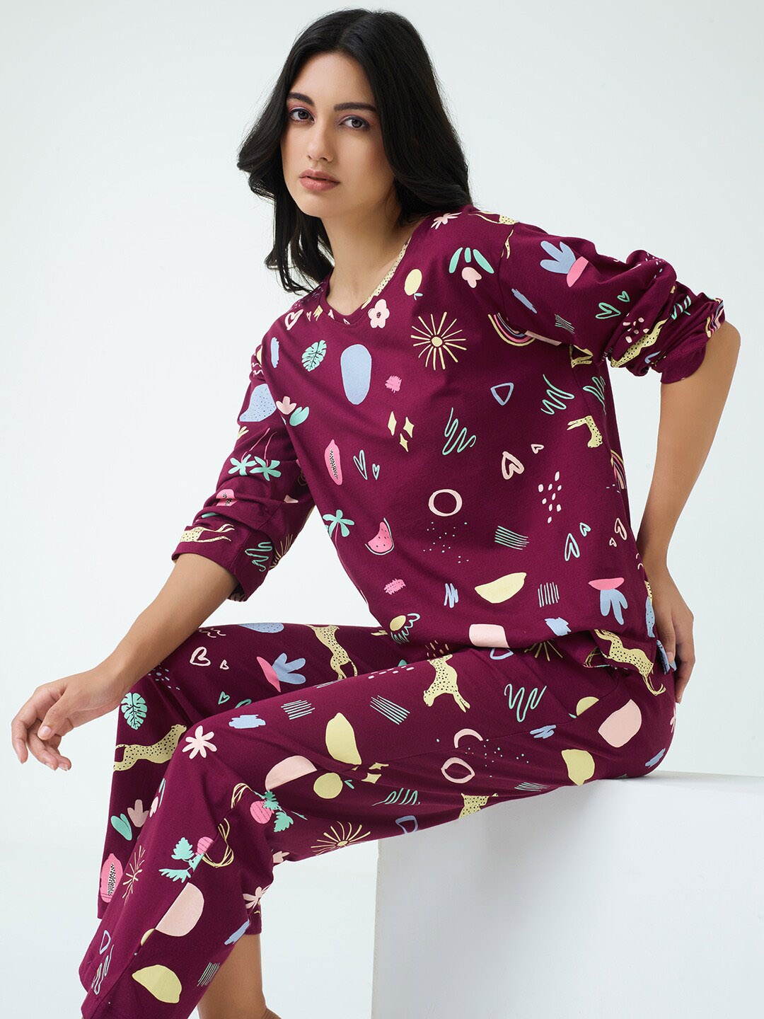 

I like me Red Printed Round neck Pure Cotton Night suit, Magenta