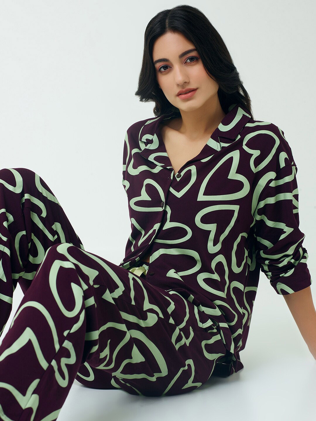 

I like me Green Heart Printed Pure Cotton Night suit