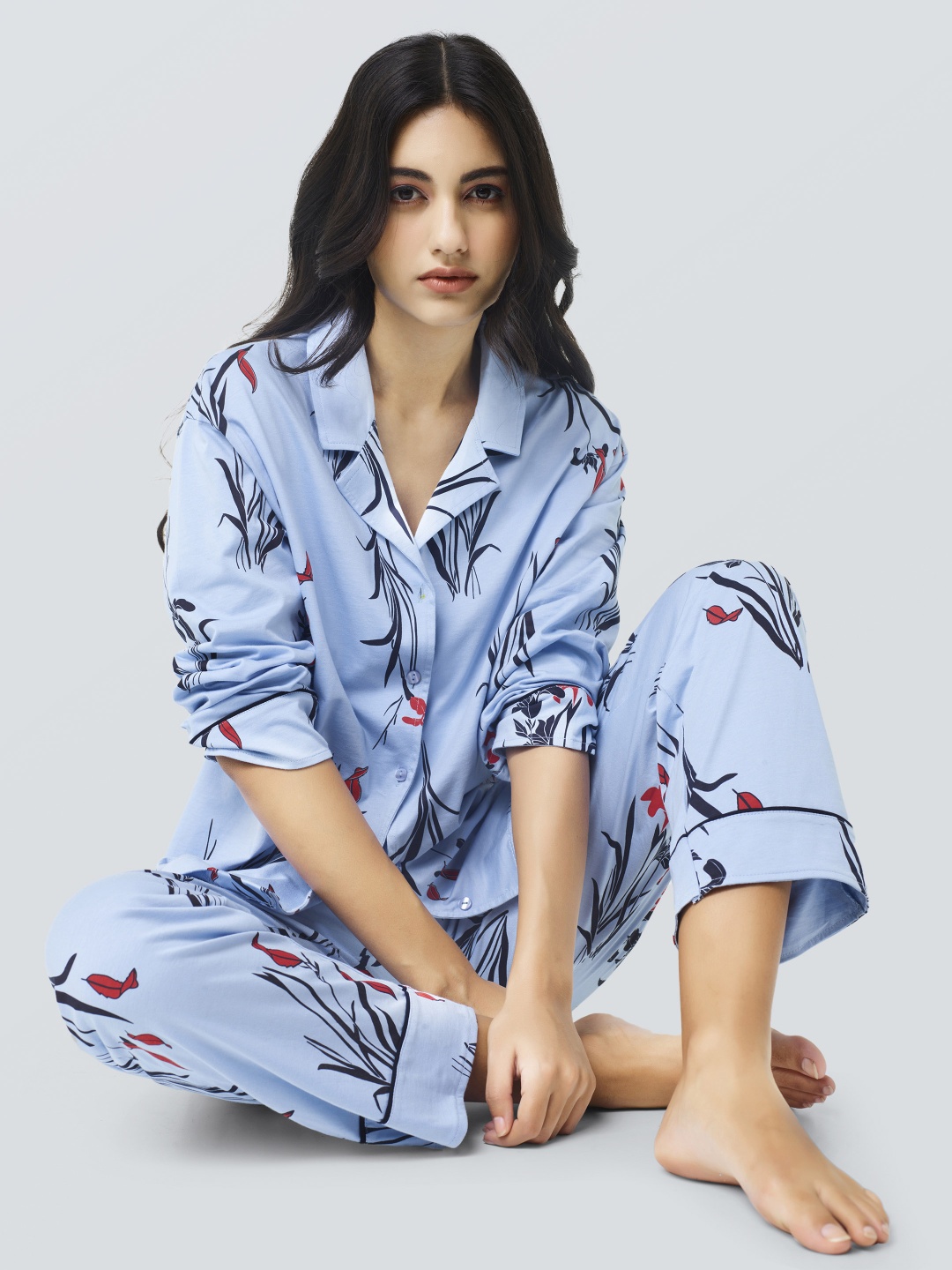 

I like me Floral Printed Pure Cotton Night Suit, Blue