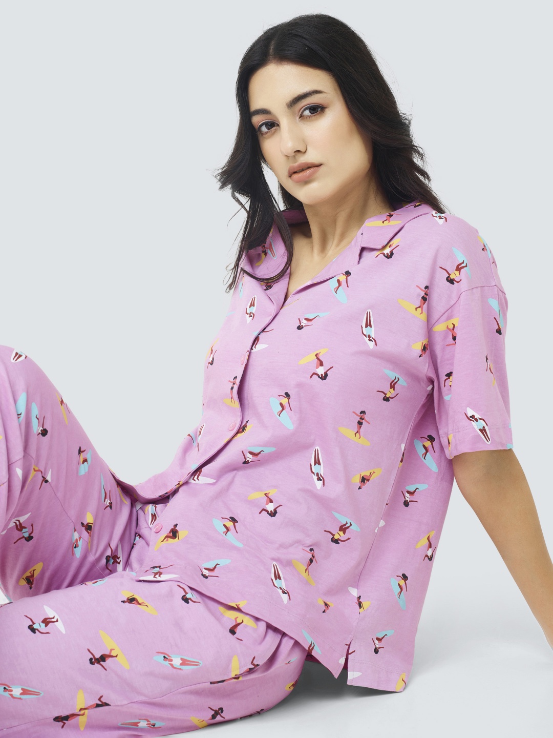 

I like me Conversational Printed Pure Cotton Night Suit, Pink