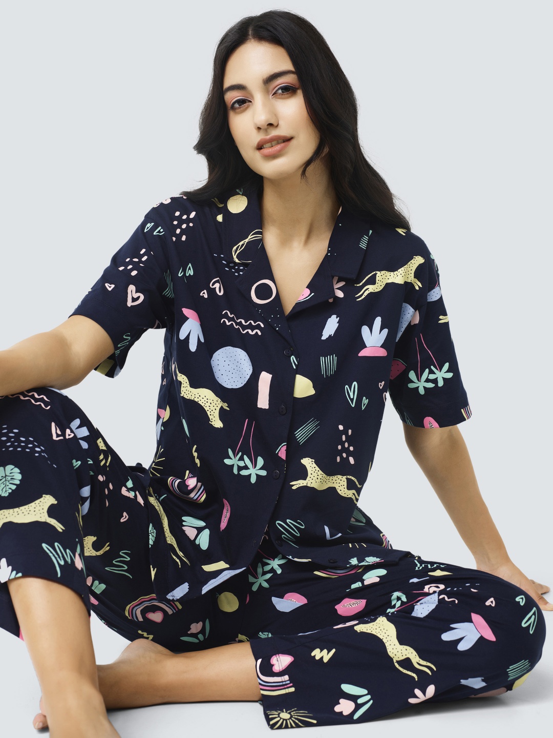 

I like me Conversational Printed Pure Cotton Night Suit, Navy blue