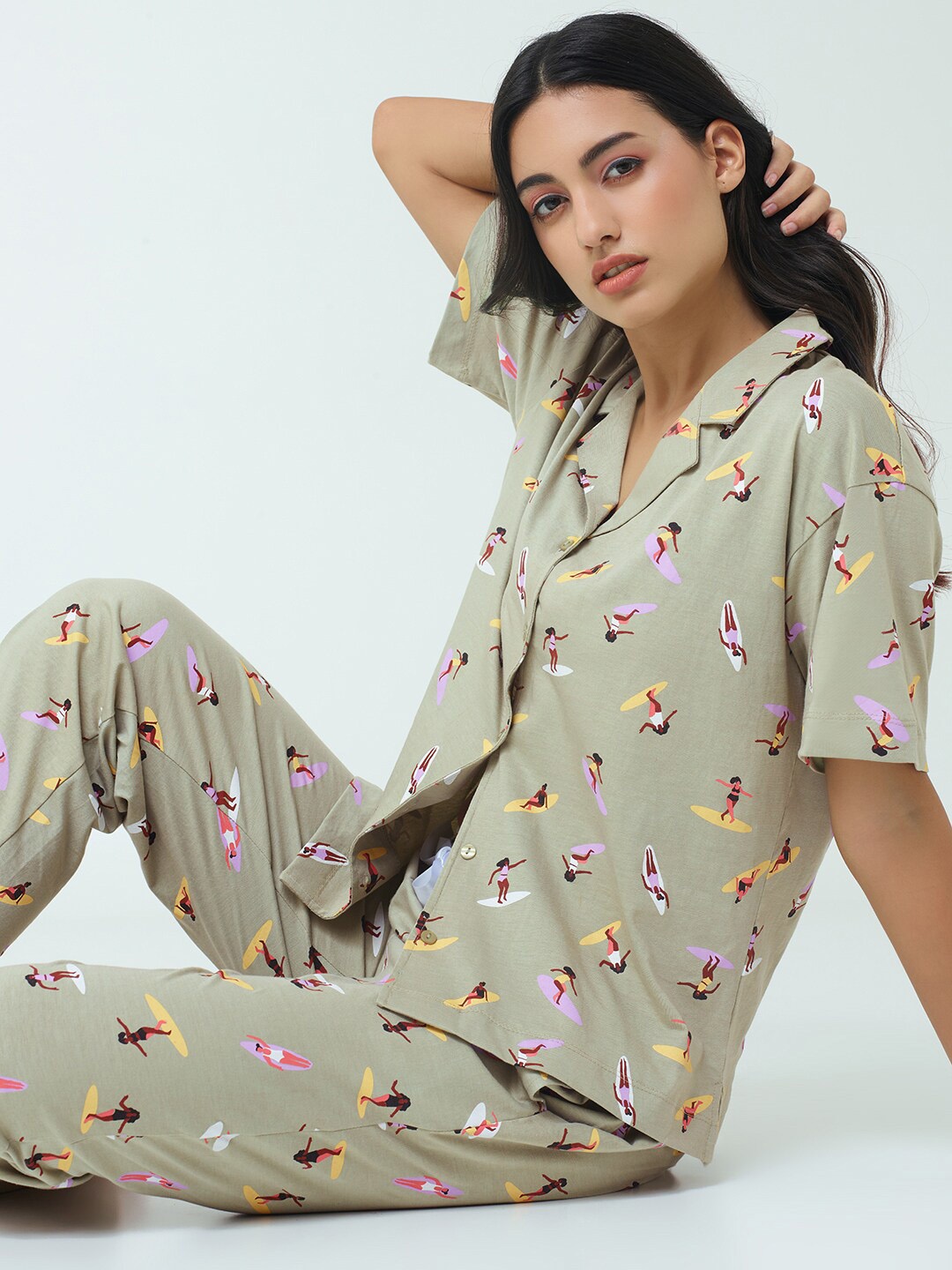 

I like me Conversational Printed Pure Cotton Night Suit, Green