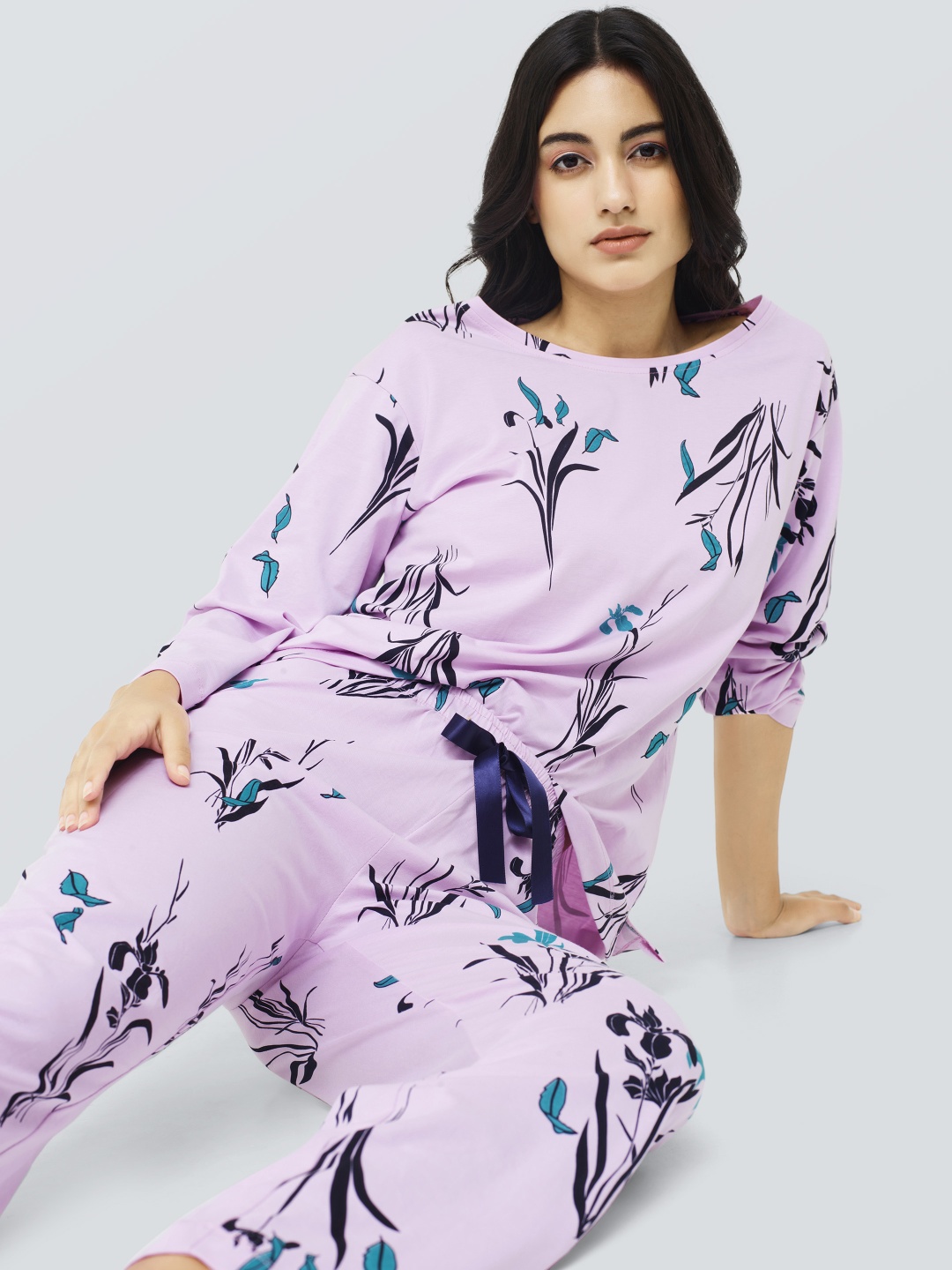 

I like me Floral Printed Pure Cotton Night Suit, Lavender
