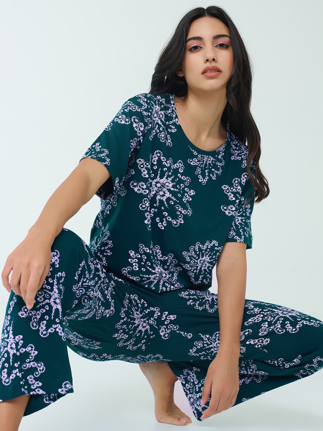 

I like me Blue Floral Printed Pure Cotton Night Suit
