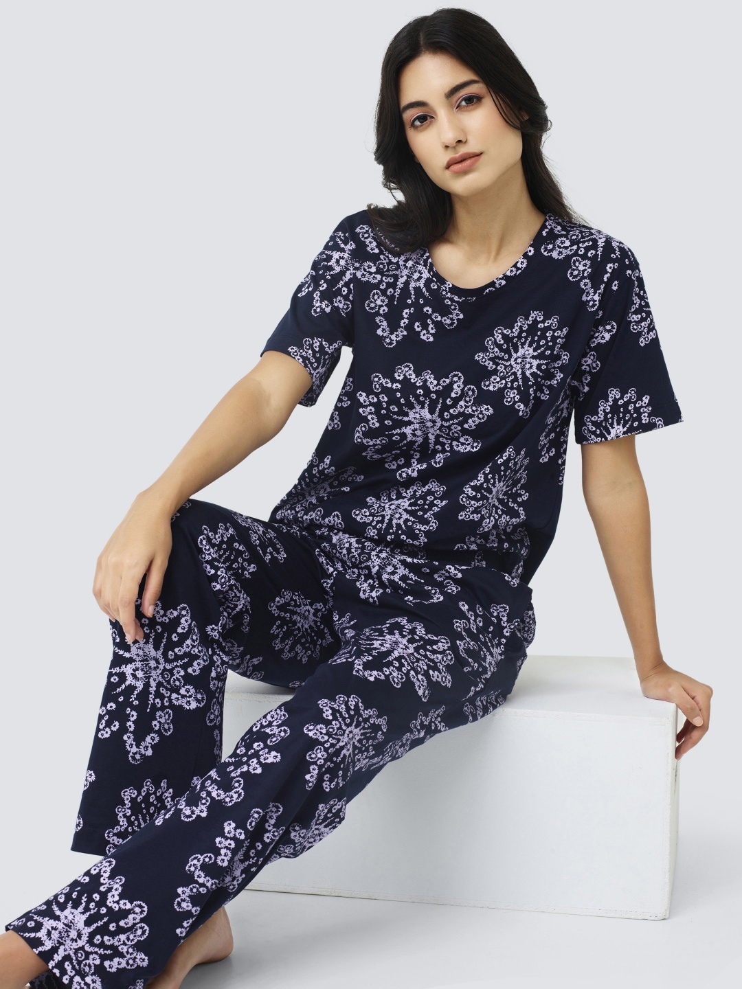 

I like me Navy Blue Floral Printed Pure Cotton Night Suit