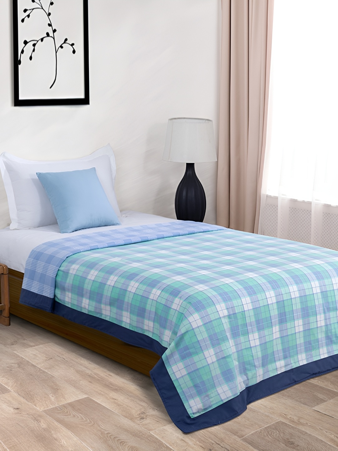 

ELAN DREAMS Blue & Green Checked Cotton Revesible AC Room 110 GSM Double Bed Dohar