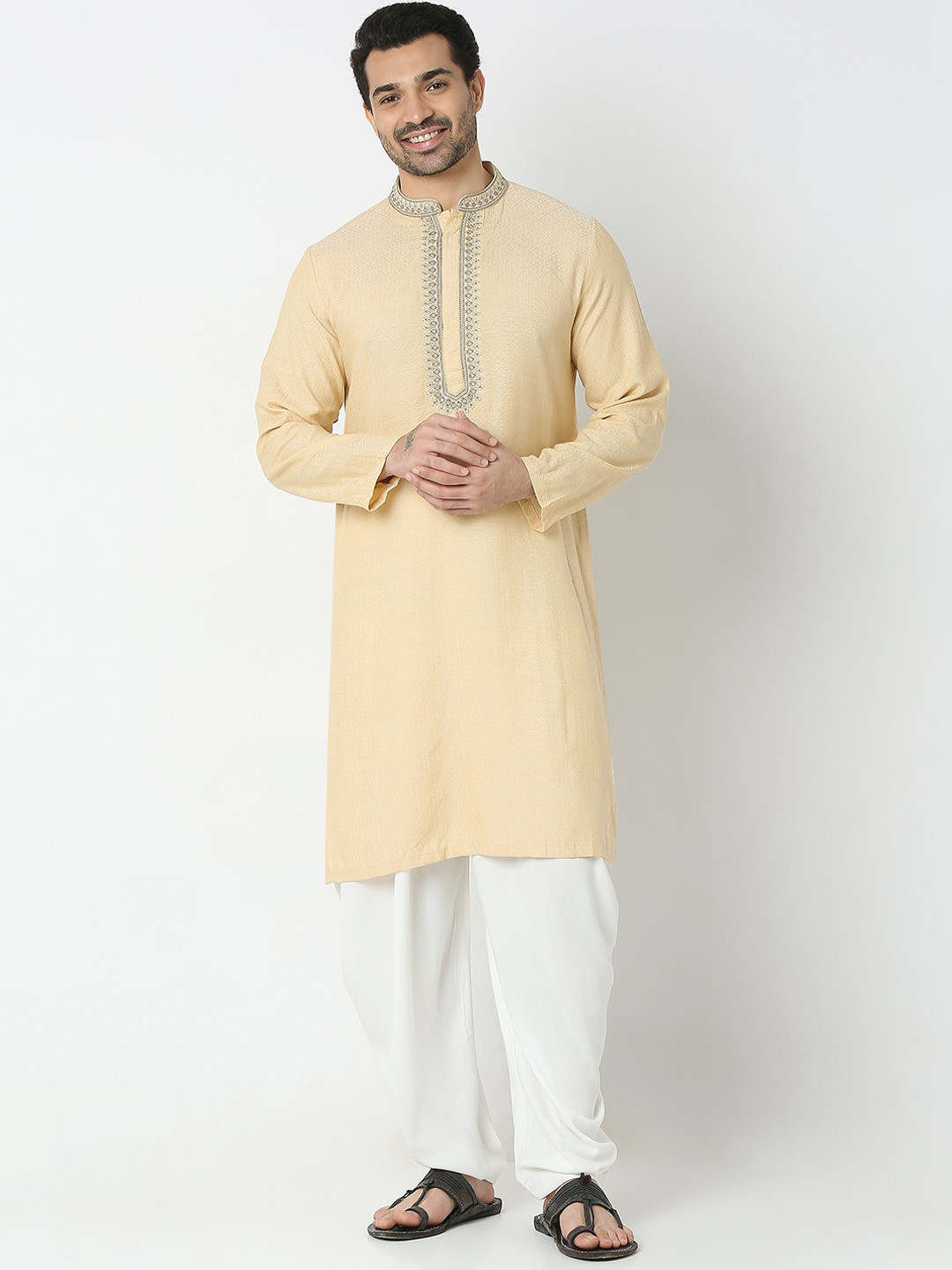 

Ethnicity Self Design Thread Work Mandarin Collar Kurta, Beige