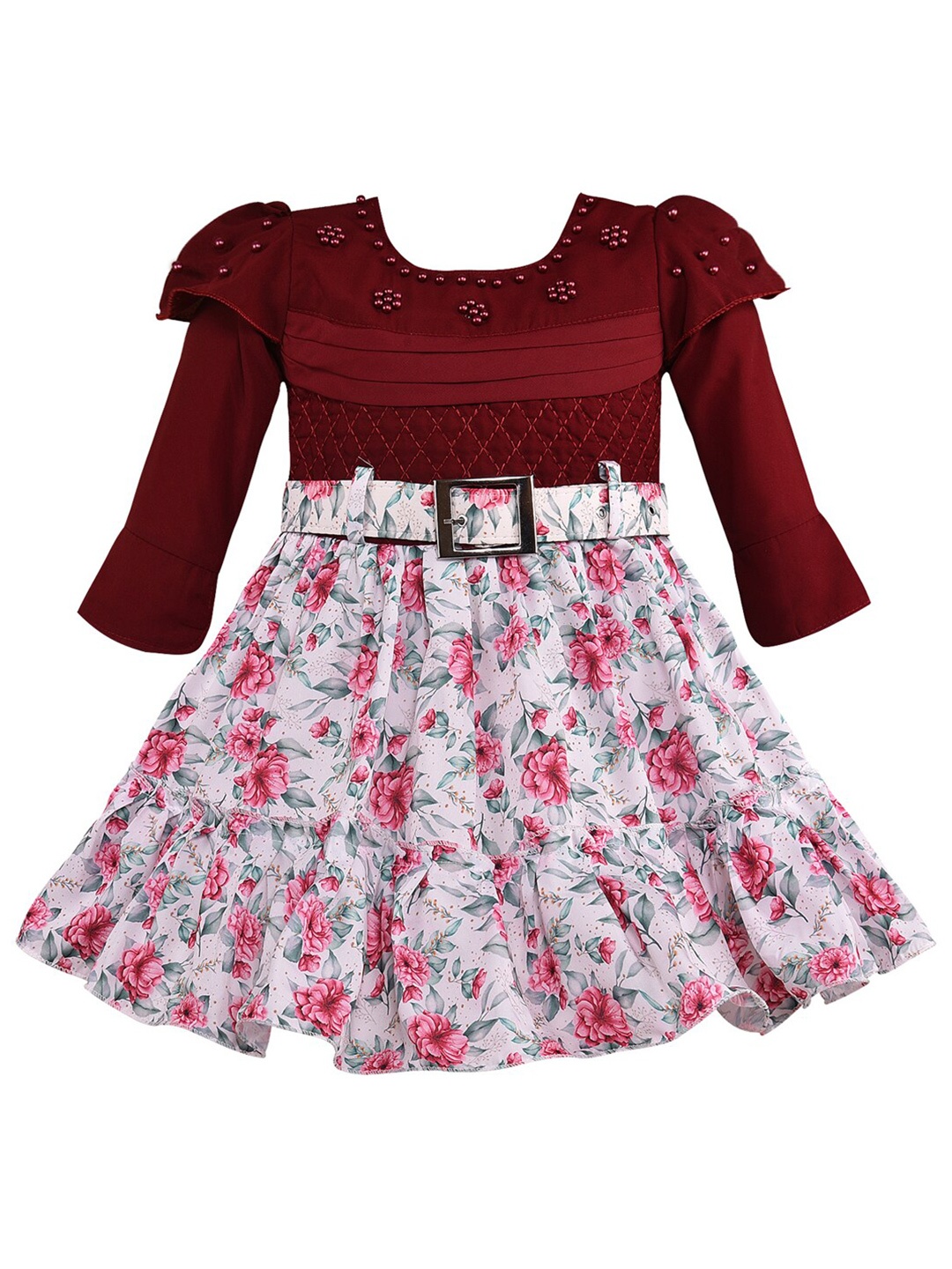 

Wish Karo Girls Floral Printed Embellished Satin Fit & Flare Dress With Belt, Maroon