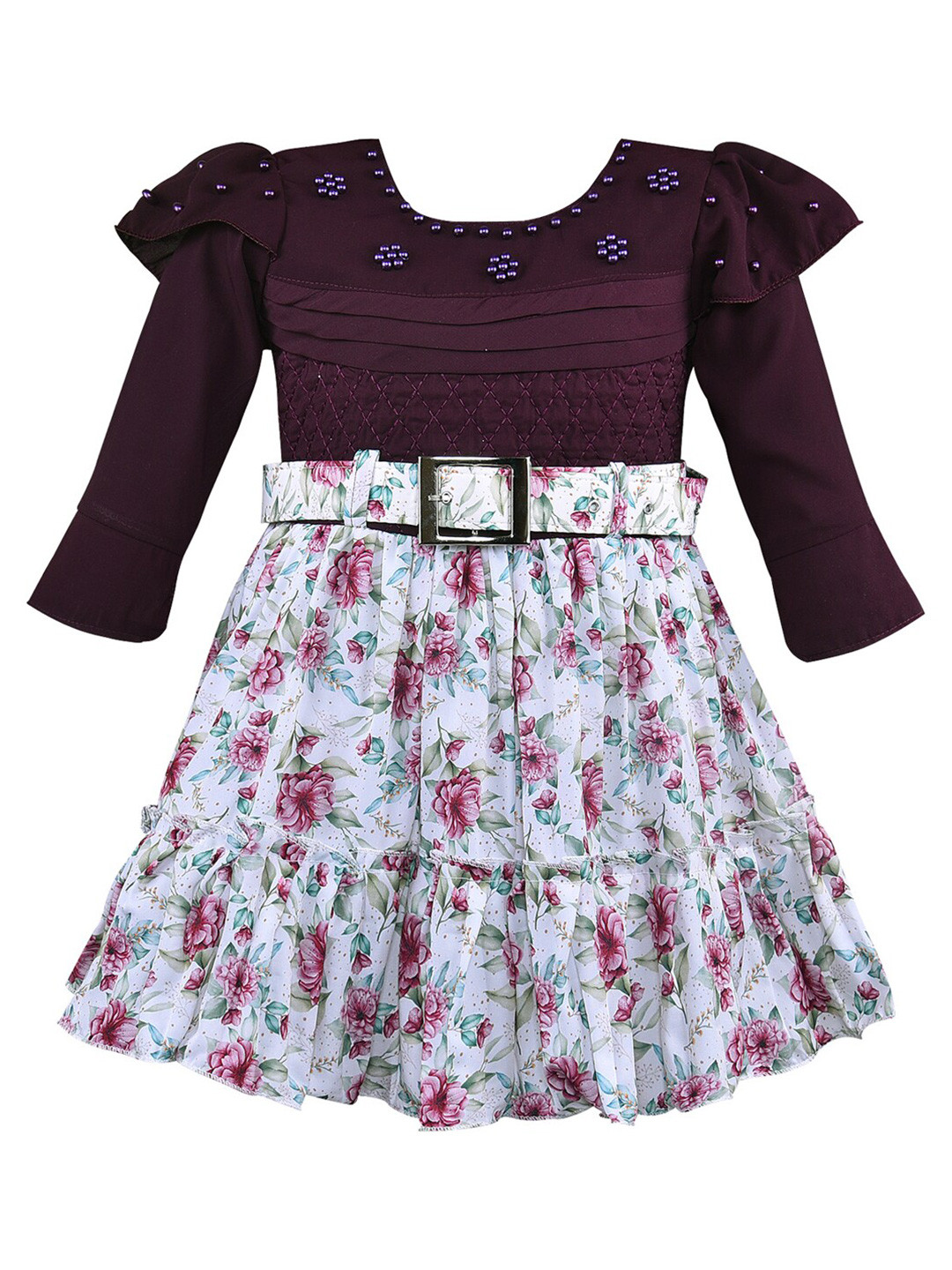 

Wish Karo Girls Floral Printed Silk Satin Fit & Flare Dress, Purple