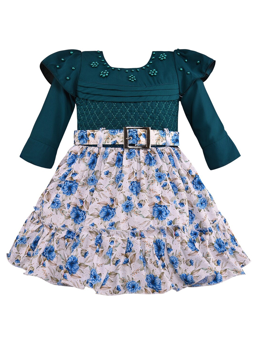 

Wish Karo Girls Floral Printed Embellished Silk Fit & Flare Dress, Green