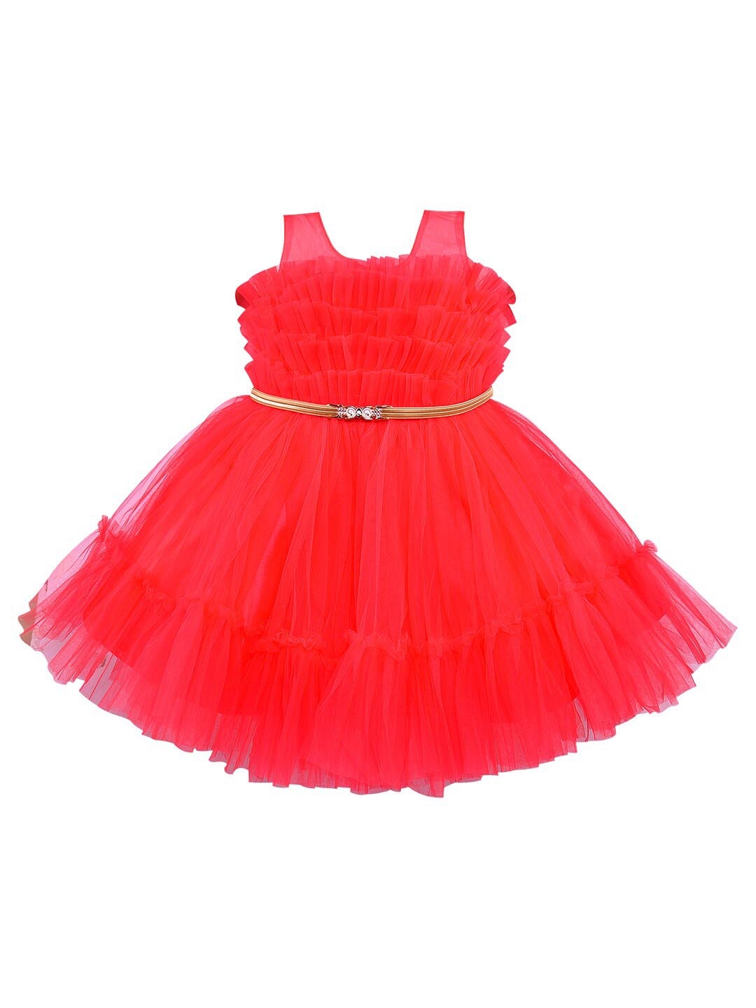 

Wish Karo Girls Ruffles Net Fit & Flare Dress With Belt, Red