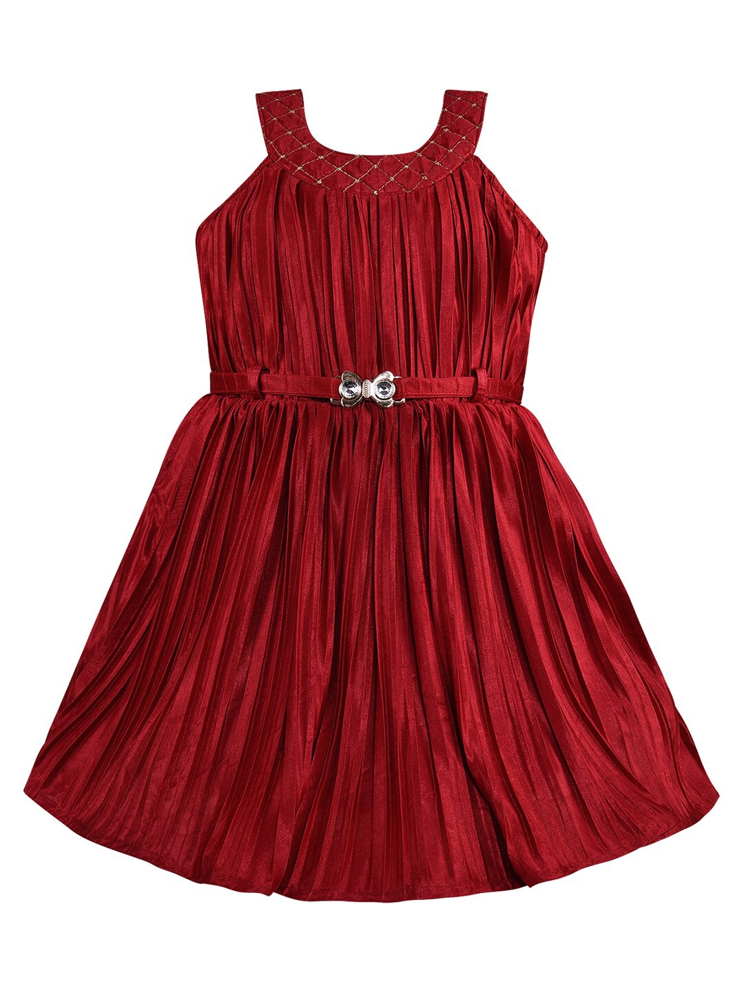 

Wish Karo Girls Striped Sleeveless Satin Fit & Flare Dress, Maroon