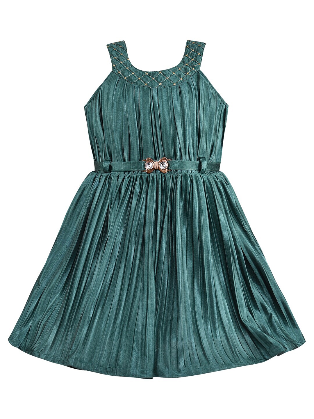 

Wish Karo Girls Sleeveless Belted Accordion Pleated Silk Satin Fit & Flare Dress, Green